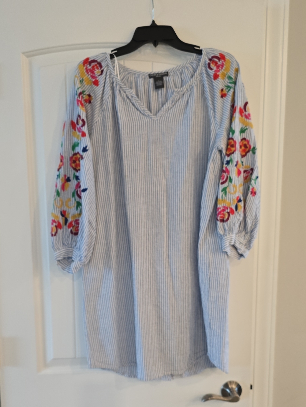Blue and White Striped Tunic with Multicolor Floral Sleeves